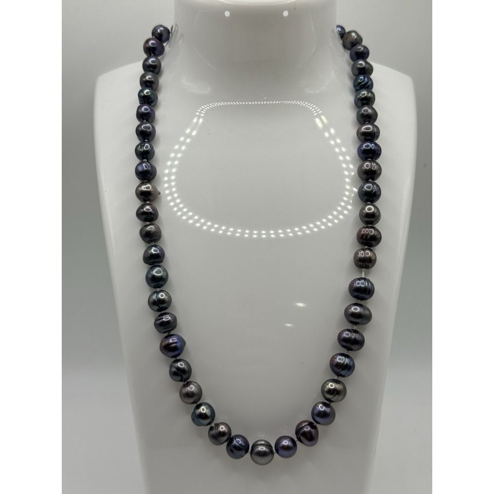 Freshwater Pearl Necklace Black Purple Peacock Oil Slick Silver Tone 16-18" READ